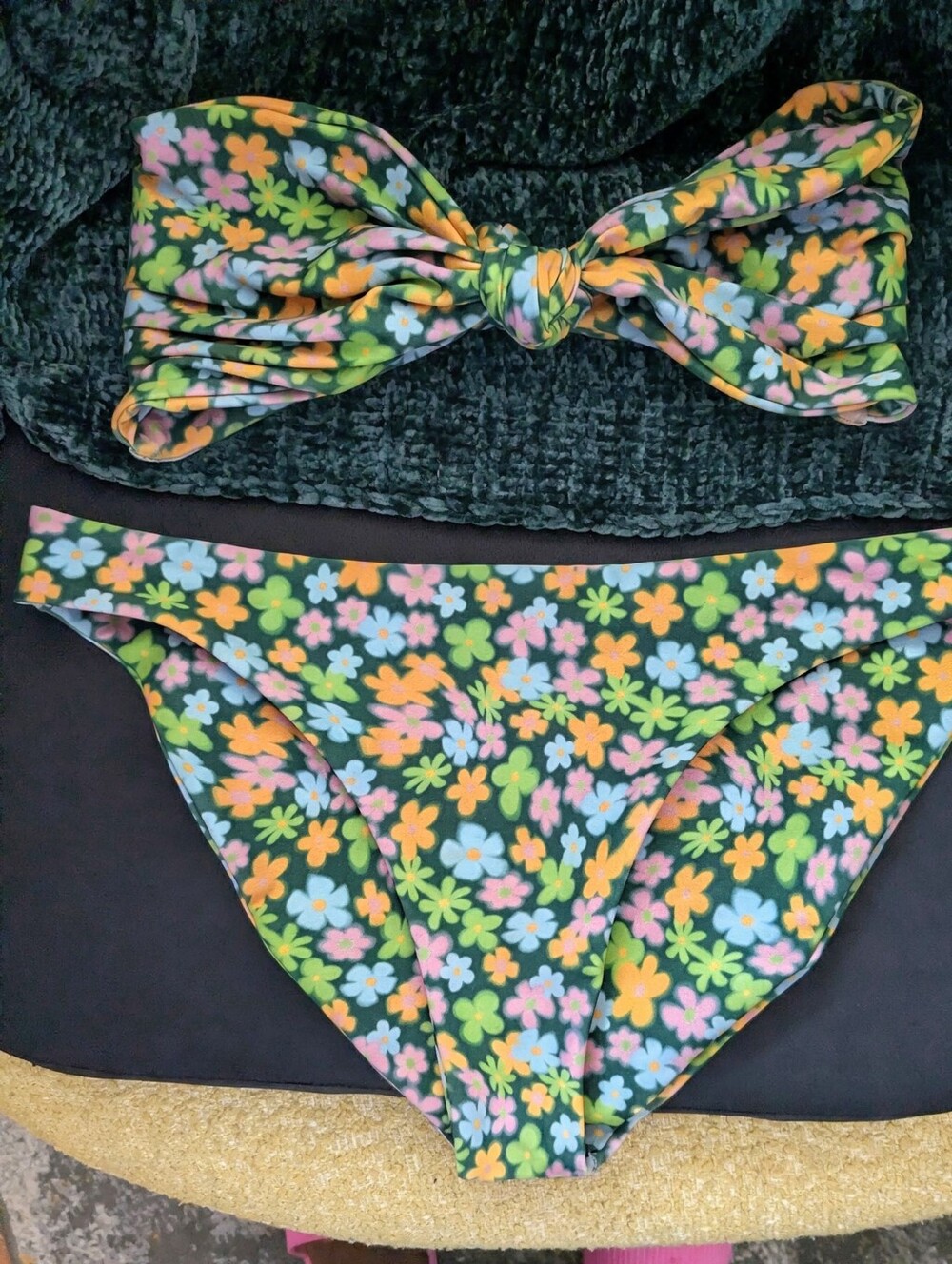 Skatie Green Floral Retro Strapless Knot Front Bandeau Bikini Set
